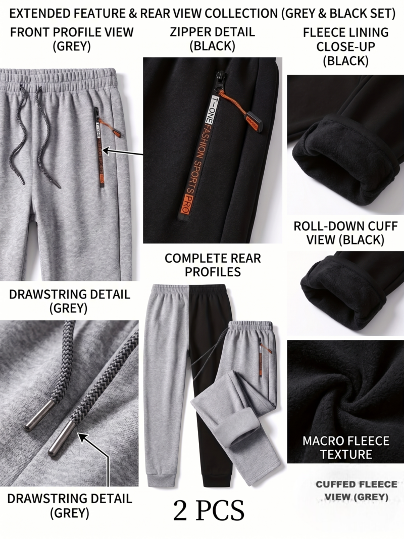 comfortable 2pcs Men's Winter Warm Fleece Sweatpants with Zipper Pockets Casual Trousers Track Pants Drawstring Waist for Running Workout Gym Outdoors for Fall Winter 10 An e-commerce product feature infographic on a white background detailing a two-piece set of Men’s Winter Warm Fleece Sweatpants in black and light grey. The image contains six labeled panels: a front close-up of the grey waistband, a close-up of the black vertical zipper pocket with an orange pull tab, a view of the turned-down black cuff showing the interior fleece lining,