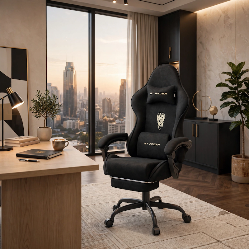 comfortable STRACER Velvet Upholstered Gaming Chair Featuring a Footrest, High Back Design, Ergonomic Support for Gamers, Includes Headrest And Massage Lumbar Pillow, Racing Style Reclining Video Game Chair 5 A luxurious office interior overlooking a city skyline at sunset, featuring a black color Velvet Upholstered Gaming Chair stationed at a modern wooden desk.