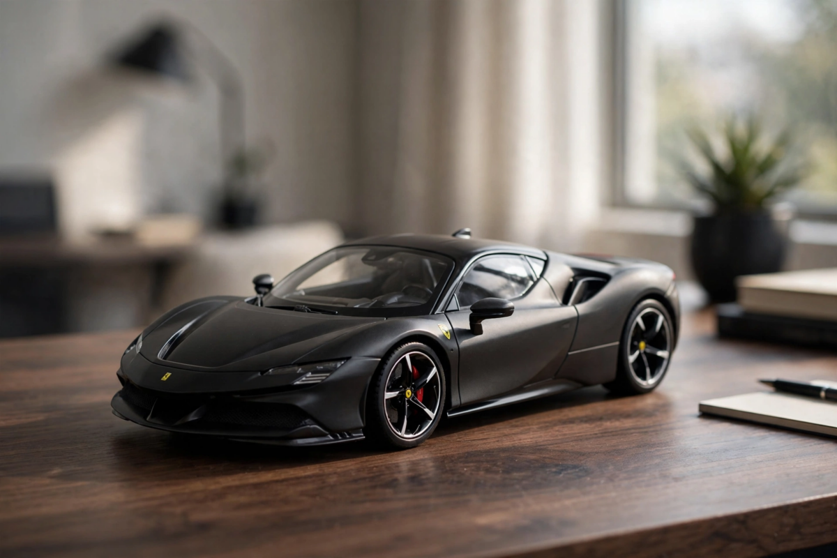 Burago 1:24 Scale Ferrari SF90 Stradale Diecast Model Car, Metal Alloy Sports Vehicle Collectible, Manual Operation, Red/Black, Sports Theme Gift 2 A stylish lifestyle photo of the black Ferrari SF90 Stradale Diecast Model Car displayed neatly on a wooden office desk.