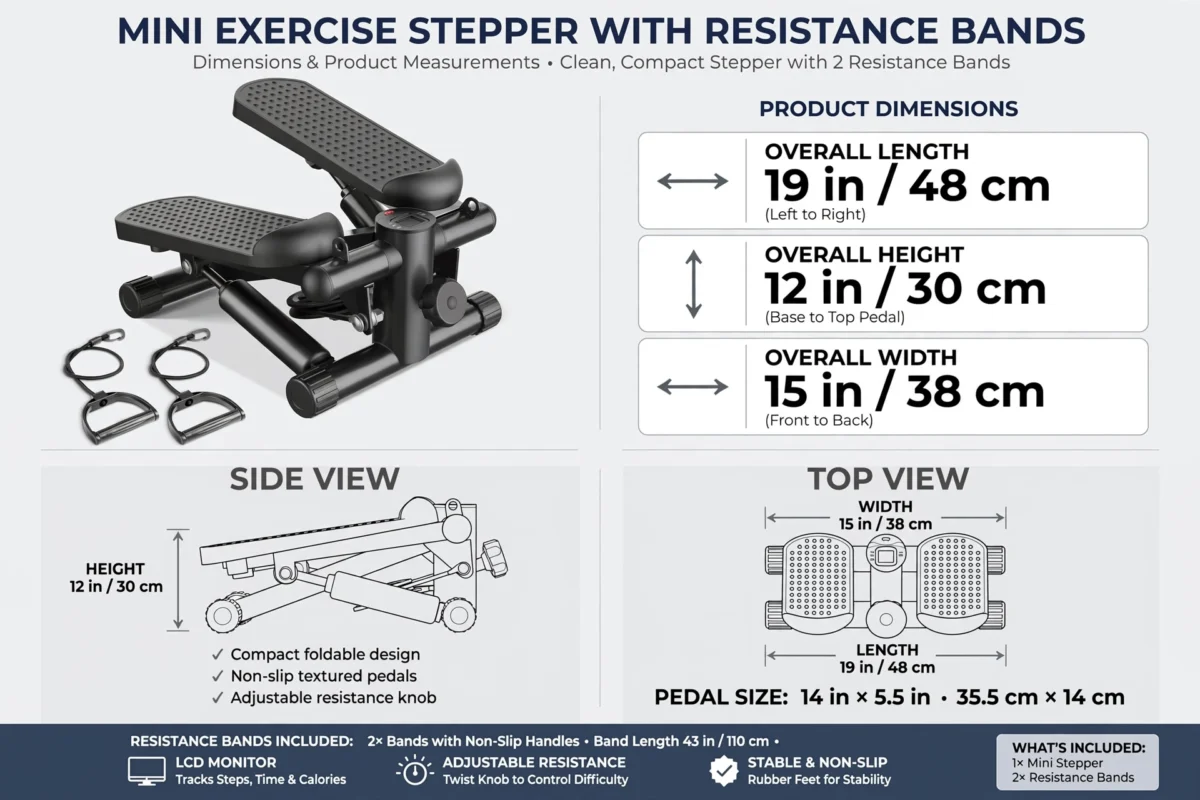 Mini Exercise Stepper with Resistance Bands - Compact Stair Stepper Machine for Home Use, Twist Motion Full Body Workout, 300LBS Capacity Portable Fitness Equipment 5 Technical drawing and specifications of the black color Exercise Stepper with Resistance Bands showing length, width, and height.