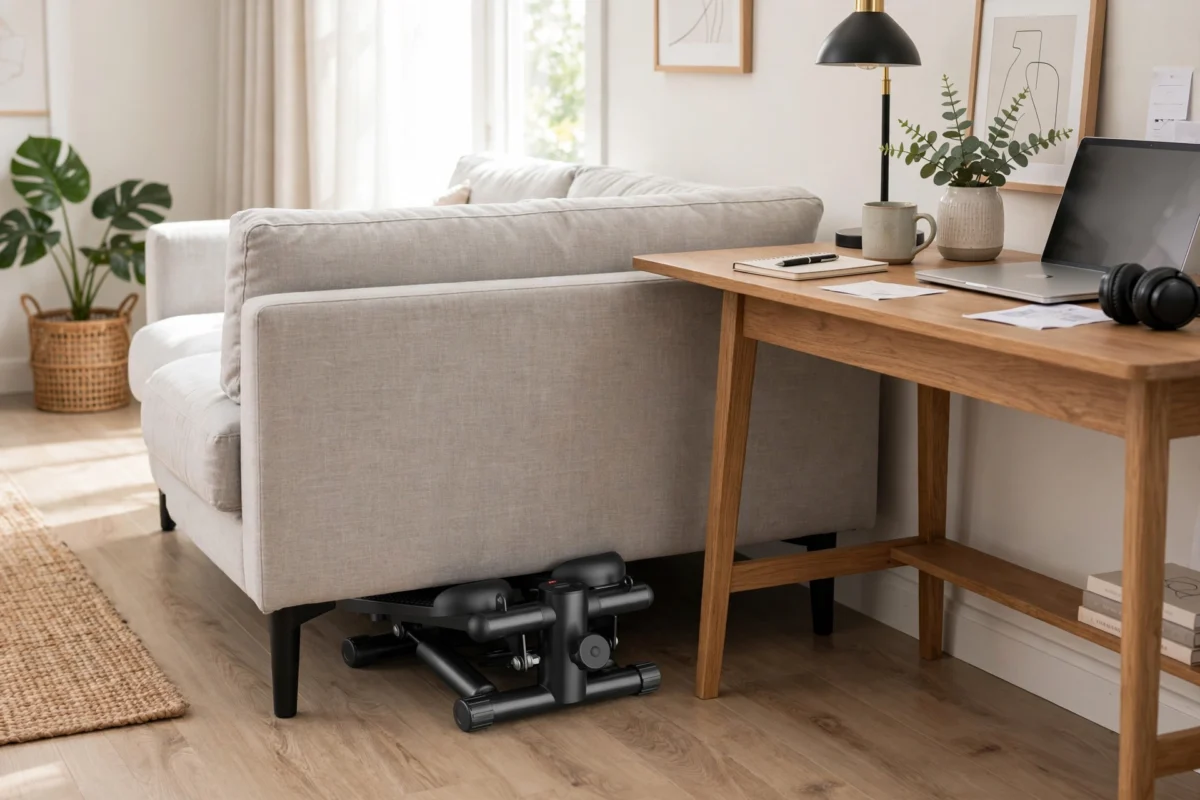Mini Exercise Stepper with Resistance Bands - Compact Stair Stepper Machine for Home Use, Twist Motion Full Body Workout, 300LBS Capacity Portable Fitness Equipment 6 Compact black color Exercise Stepper with Resistance Bands stored neatly underneath a living room sofa.