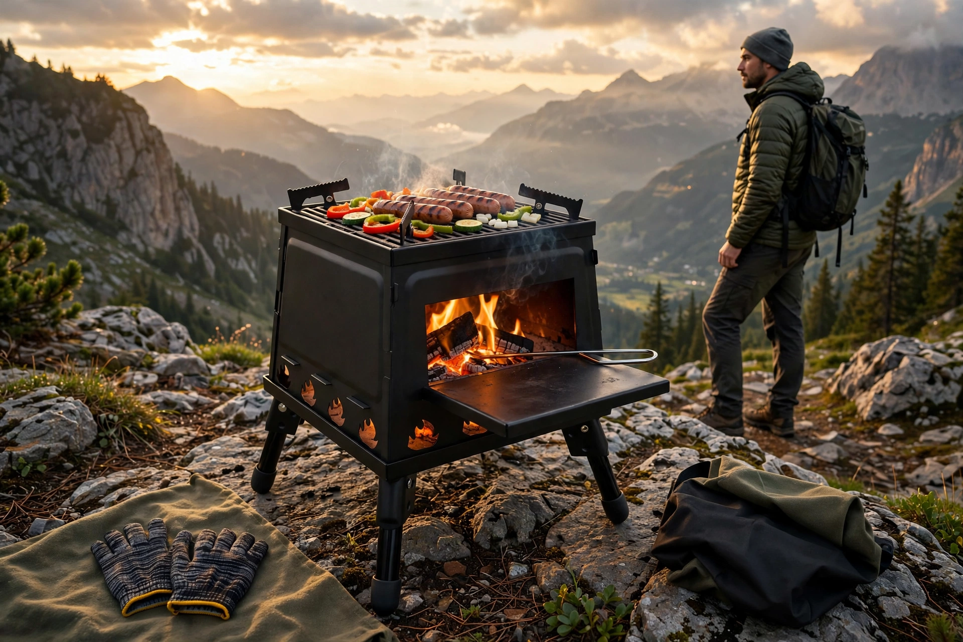 Portable Wood Burning Camp Stove - Heavy-Duty Outdoor Campfire Stove with Sturdy Legs & Air Vents, Firewood/Bonfire Compatible for Hiking, Backpacking, Picnic, BBQ, Travel - No Electricity/Flint/Magnesium Needed 8 Portable Wood Burning Camp Stove grilling sausages with breathtaking mountain scenery in the background