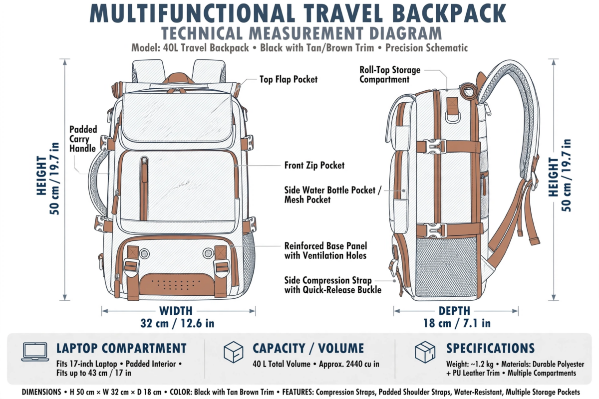 A Versatile Large-Capacity Backpack for Students, Suitable for Short Trips, Laptops, And Various Uses, Including Dual Shoulder Straps And a Convenient Carry Option 8 A technical measurement schematic showing dimensions and compartments of a black color Versatile Large-Capacity Backpack for Students.