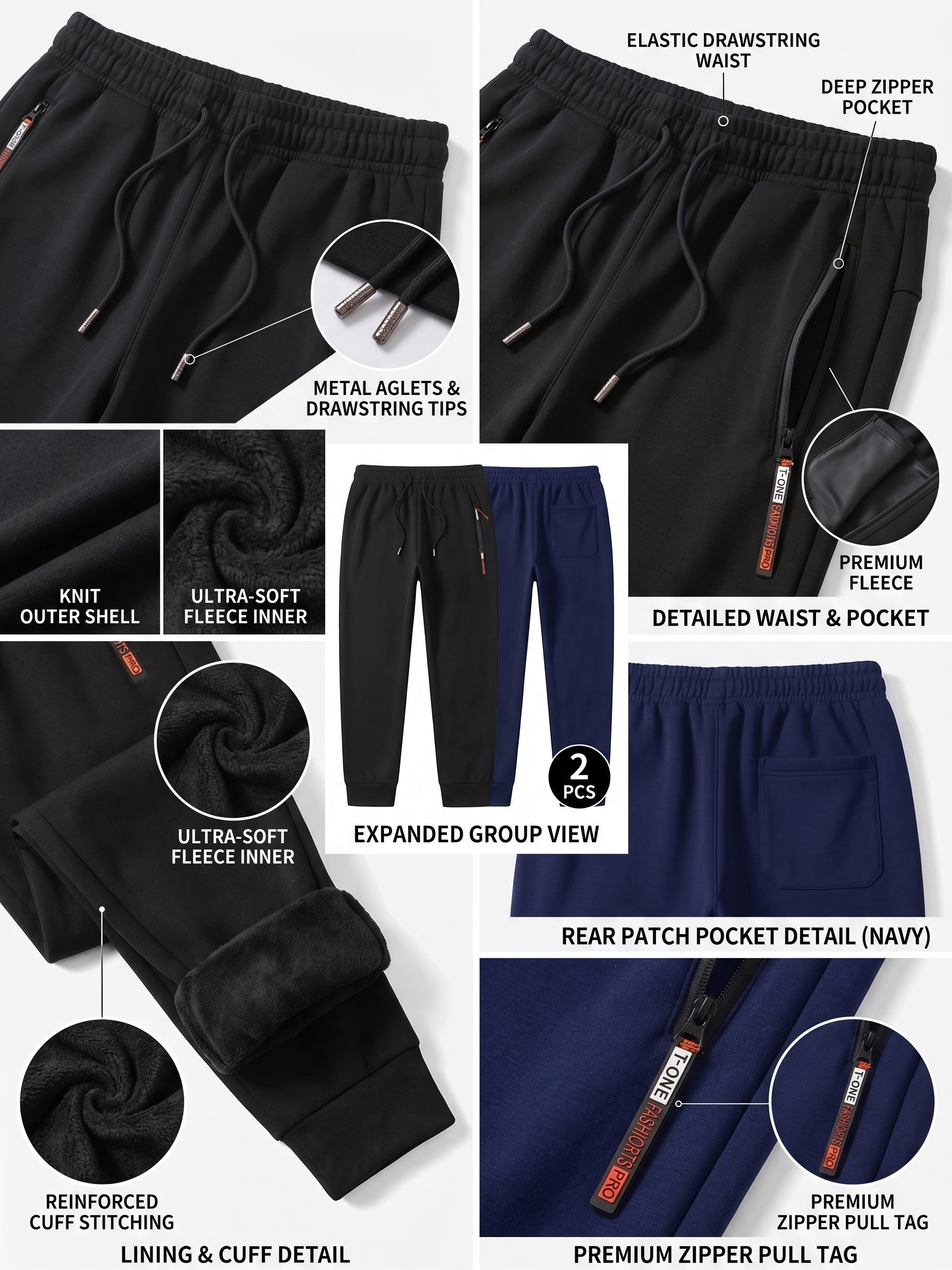 comfortable 2pcs Men's Winter Warm Fleece Sweatpants with Zipper Pockets Casual Trousers Track Pants Drawstring Waist for Running Workout Gym Outdoors for Fall Winter 24 An infographic collage on a white background with multiple callout text headers breaking down the design components of two pairs of Men’s Winter Warm Fleece Track Pants, one in black and one in navy blue. Separate panels isolate the metal aglets and drawstring tips, the elastic waist with a deep side zipper pocket,