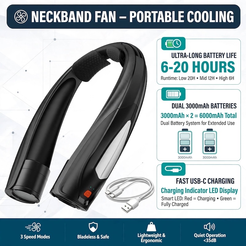 Ultra-Long Battery Life: 6-20 Hours, Dual Wind Speeds, Super Quiet Brushless Motor, 3000mAh*2, Durable USB Charging, Soft Silicone Neck Strap, Ideal for Work, Travel, Sports, and Outdoor Activities, Outdoor Sports Fan|Ergonomic Neckband Fan|Durable 3 An infographic detailing the specifications of the black color Outdoor Sports Fan, including its 6-20 hours battery life, dual 3000mAh batteries, and USB-C charging.