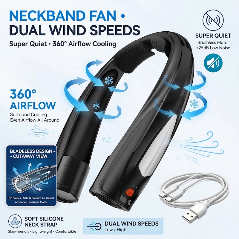 Ultra-Long Battery Life: 6-20 Hours, Dual Wind Speeds, Super Quiet Brushless Motor, 3000mAh*2, Durable USB Charging, Soft Silicone Neck Strap, Ideal for Work, Travel, Sports, and Outdoor Activities, Outdoor Sports Fan|Ergonomic Neckband Fan|Durable 4 An infographic showing the 360-degree airflow, bladeless design, and super-quiet brushless motor of the black color Outdoor Sports Fan.
