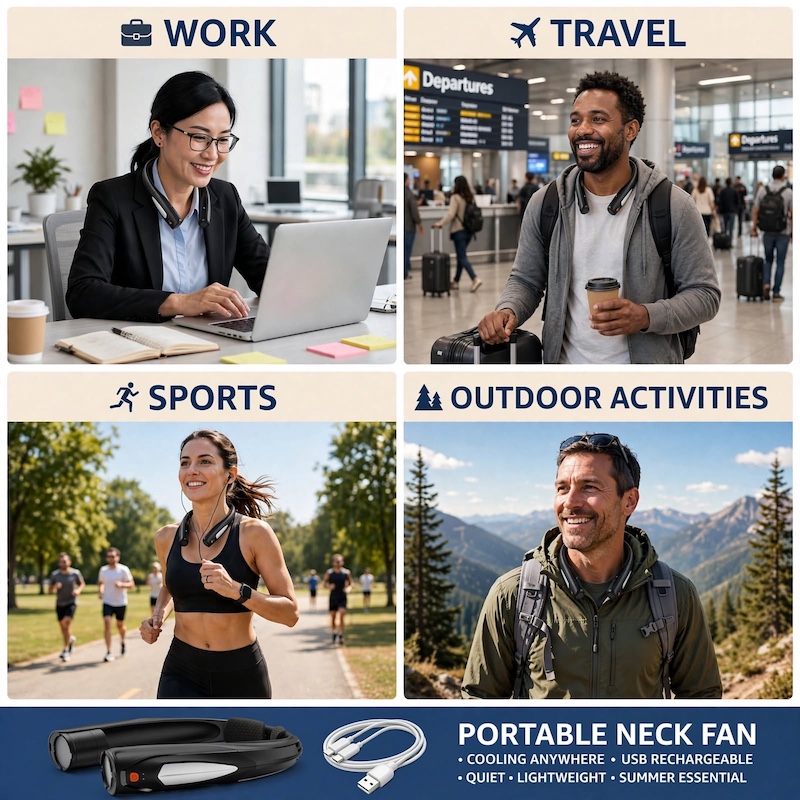Ultra-Long Battery Life: 6-20 Hours, Dual Wind Speeds, Super Quiet Brushless Motor, 3000mAh*2, Durable USB Charging, Soft Silicone Neck Strap, Ideal for Work, Travel, Sports, and Outdoor Activities, Outdoor Sports Fan|Ergonomic Neckband Fan|Durable 14 A 4-panel lifestyle collage showcasing people using the black color Outdoor Sports Fan while working in an office, traveling at an airport, running in a park, and hiking in the mountains.