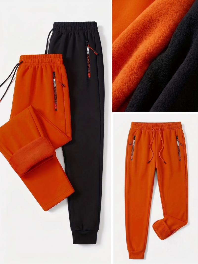 comfortable 2pcs Men's Winter Warm Fleece Sweatpants with Zipper Pockets Casual Trousers Track Pants Drawstring Waist for Running Workout Gym Outdoors for Fall Winter 14 A multi panel product display showcasing elements of Men's Winter Warm Fleece Track Pants in black and orange. The left panel shows the two pack set overlapping with the orange cuff rolled up. The top right panel features a macro close up texture of the orange and black plush thermal fleece lining material. The bottom right panel shows a standalone, full length front view of the orange pants, detailing the flexible elastic drawstring waist, zippered side pockets, and a slightly cuffed lower leg hem revealing the interior lining.