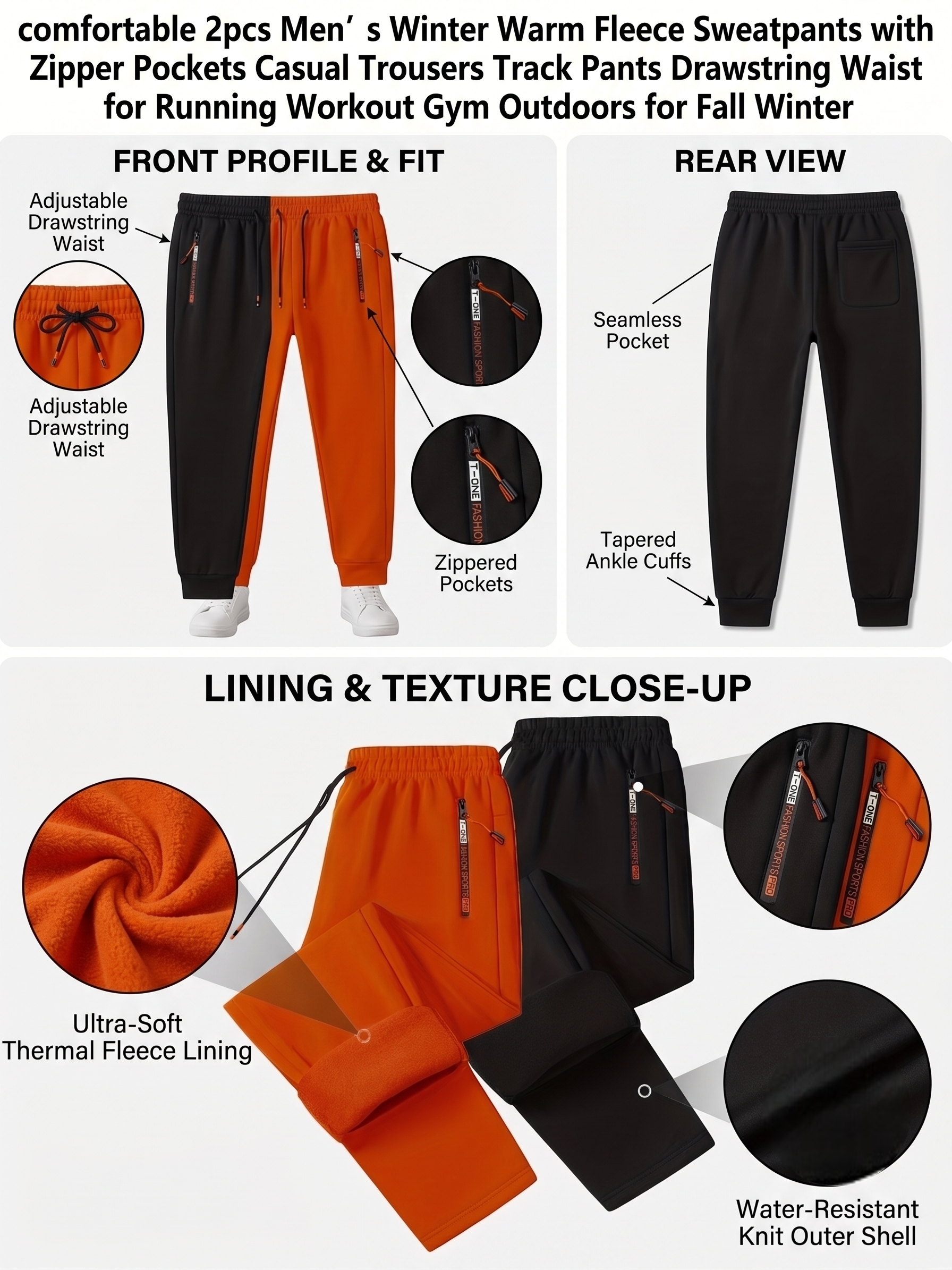 comfortable 2pcs Men's Winter Warm Fleece Sweatpants with Zipper Pockets Casual Trousers Track Pants Drawstring Waist for Running Workout Gym Outdoors for Fall Winter 25 An infographic collage on a white background with multiple callout text headers breaking down the design components of Men’s Winter Warm Fleece Track Pants. The layout includes a top title reading comfortable 2pcs Men’s Winter Warm Fleece Sweatpants.