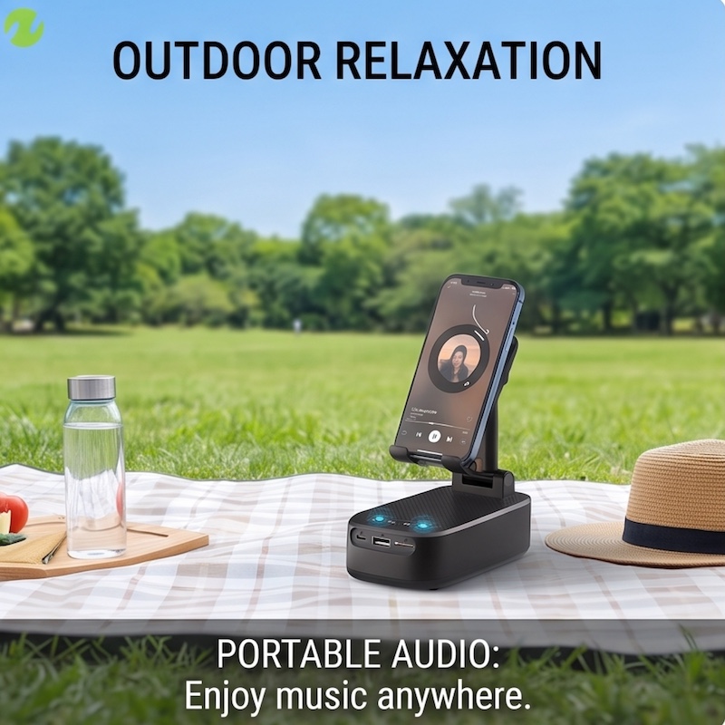 NewRixing 6W Wireless Speaker with Phone Holder, TWS Dual Pairing, 1800mAh Battery, Hands-Free Calling, Portable Power Bank, 6-Hour Playtime, Hi-Fi Sound Quality, Loud Stereo & Deep Bass, USB-C Charging, Indoor/Outdoor Use, Adjustable Stand, Durable 38 A black NewRixing Wireless Speaker with Phone Holder on a picnic blanket in a park, holding a smartphone that displays album artwork. A straw hat and water bottle are nearby.