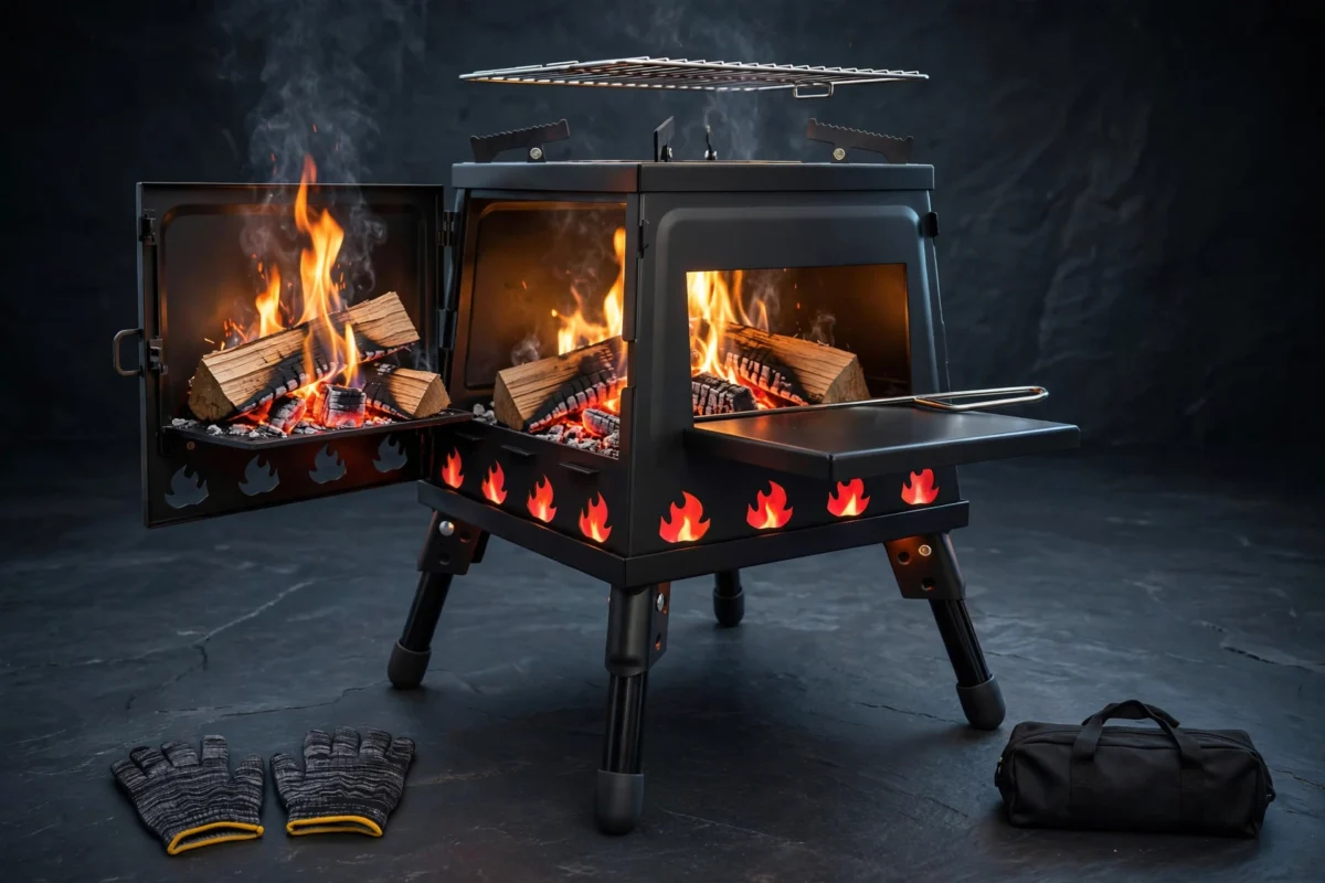 Portable Wood Burning Camp Stove - Heavy-Duty Outdoor Campfire Stove with Sturdy Legs & Air Vents, Firewood/Bonfire Compatible for Hiking, Backpacking, Picnic, BBQ, Travel - No Electricity/Flint/Magnesium Needed 3 Portable Wood Burning Camp Stove with open fire door, grilling rack, and safety gloves displayed against a dark background