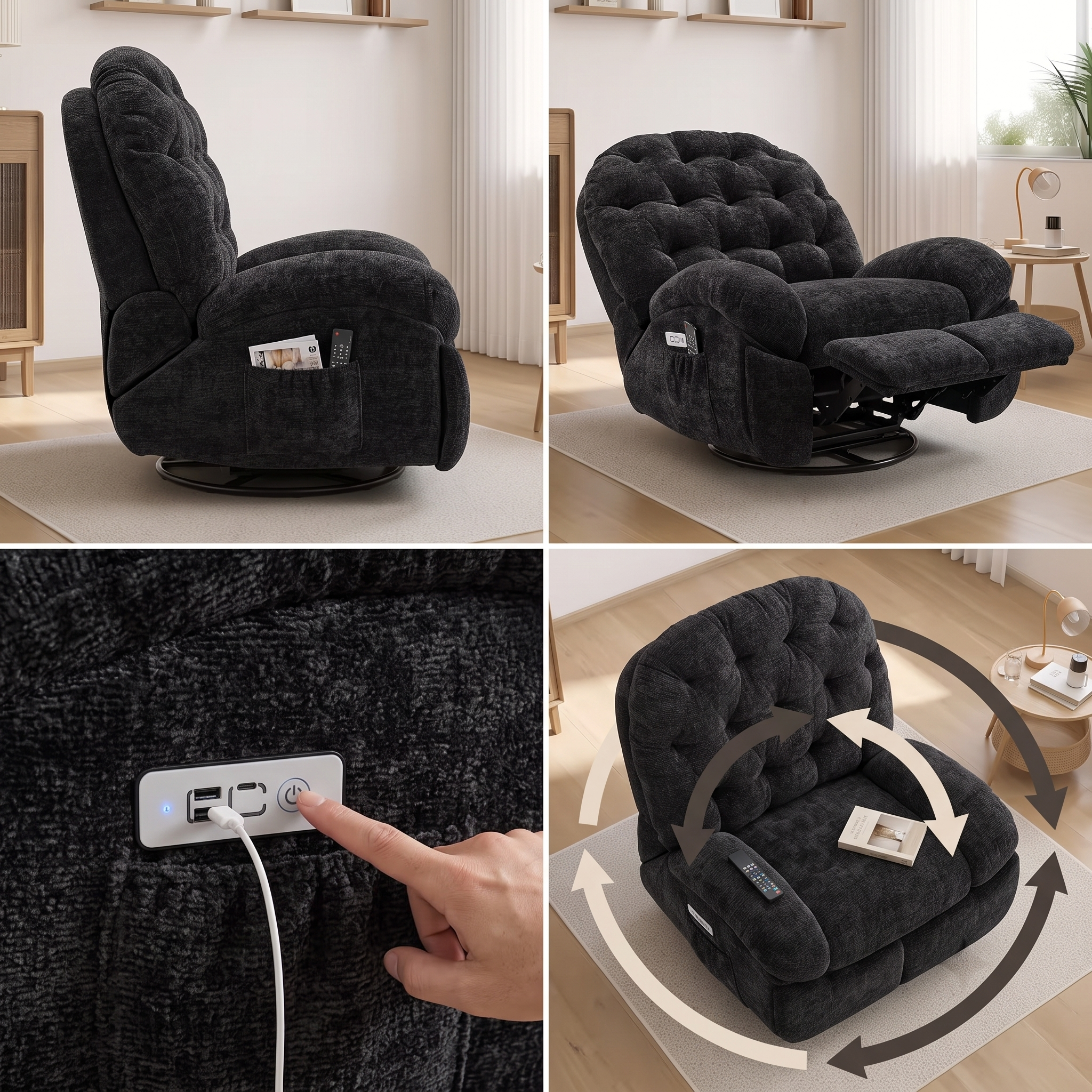 Oversized Swivel Recliner Chair, Adult Electric Recliner with USB Port And Side Pocket Storage, Comfortable Soft Shell Rocking Chair, Large Chenille Recliner Suitable for The Living Room 4 A 4-panel product collage showcasing a black electric recliner chair. The frames feature a deep side storage pocket holding reading materials, an empty chair extending its footrest, a close-up of a finger plugging a white cable into the built-in USB port, and a top-down view surrounded by a thick circular arrow graphic indicating swivel motion.