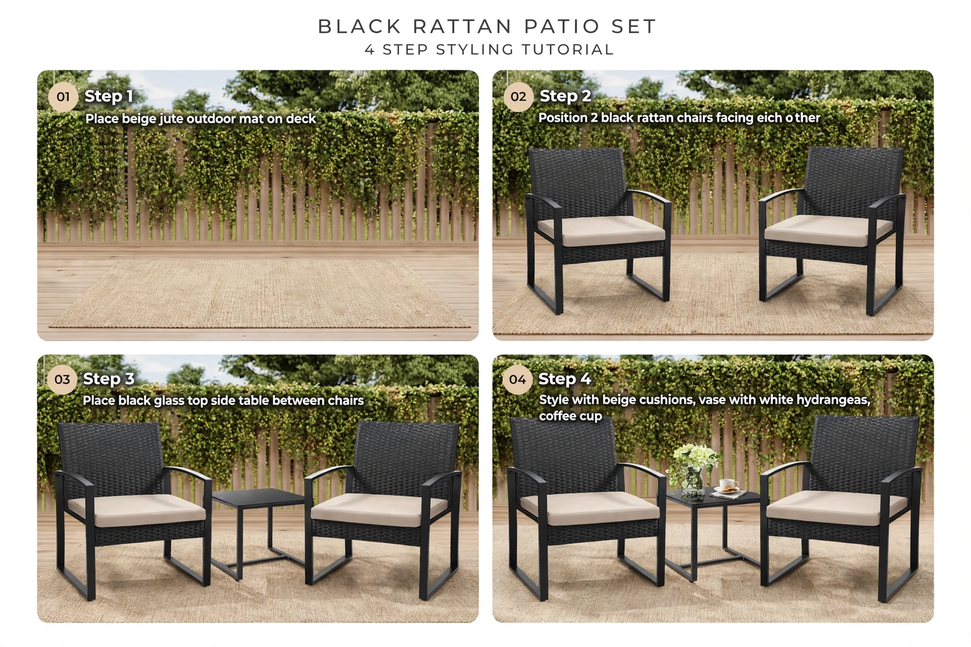 3pcs Rattan Bistro Set Outdoor Patio Furniture Conversation Set Featuring 2 Chairs And 1 Safety Glass Top Table, with Plush Cushions, on, Perfect for Your Backyard 10 A four step visual styling tutorial for an outdoor patio set featuring 2 Chairs And 1 Safety Glass Top Table on a beige jute mat.