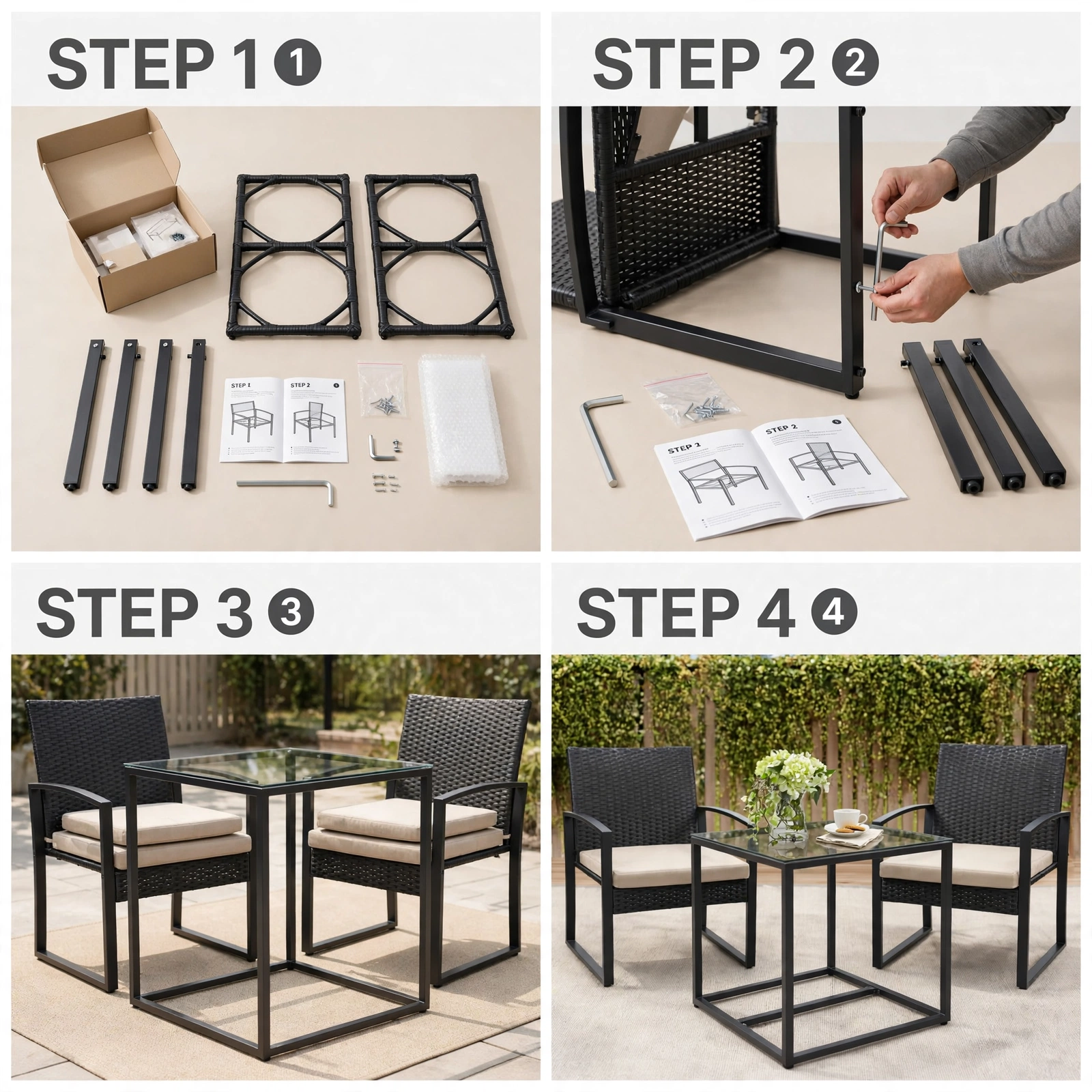 3pcs Rattan Bistro Set Outdoor Patio Furniture Conversation Set Featuring 2 Chairs And 1 Safety Glass Top Table, with Plush Cushions, on, Perfect for Your Backyard 13 A step by step instruction graphic showing how to unbox and build a patio set containing 2 Chairs And 1 Safety Glass Top Table.