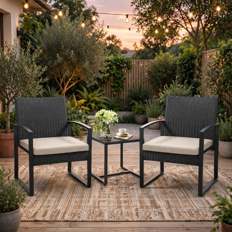 3pcs Rattan Bistro Set Outdoor Patio Furniture Conversation Set Featuring 2 Chairs And 1 Safety Glass Top Table, with Plush Cushions, on, Perfect for Your Backyard 2 A beautiful evening garden scene under string lights featuring a black rattan set with 2 Chairs And 1 Safety Glass Top Table on a patterned rug.