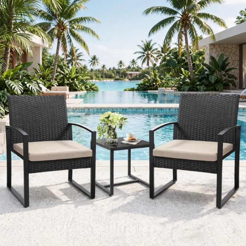 3pcs Rattan Bistro Set Outdoor Patio Furniture Conversation Set Featuring 2 Chairs And 1 Safety Glass Top Table, with Plush Cushions, on, Perfect for Your Backyard 3 A sunny tropical poolside setting featuring a modern outdoor furniture set with 2 Chairs And 1 Safety Glass Top Table and beige cushions.