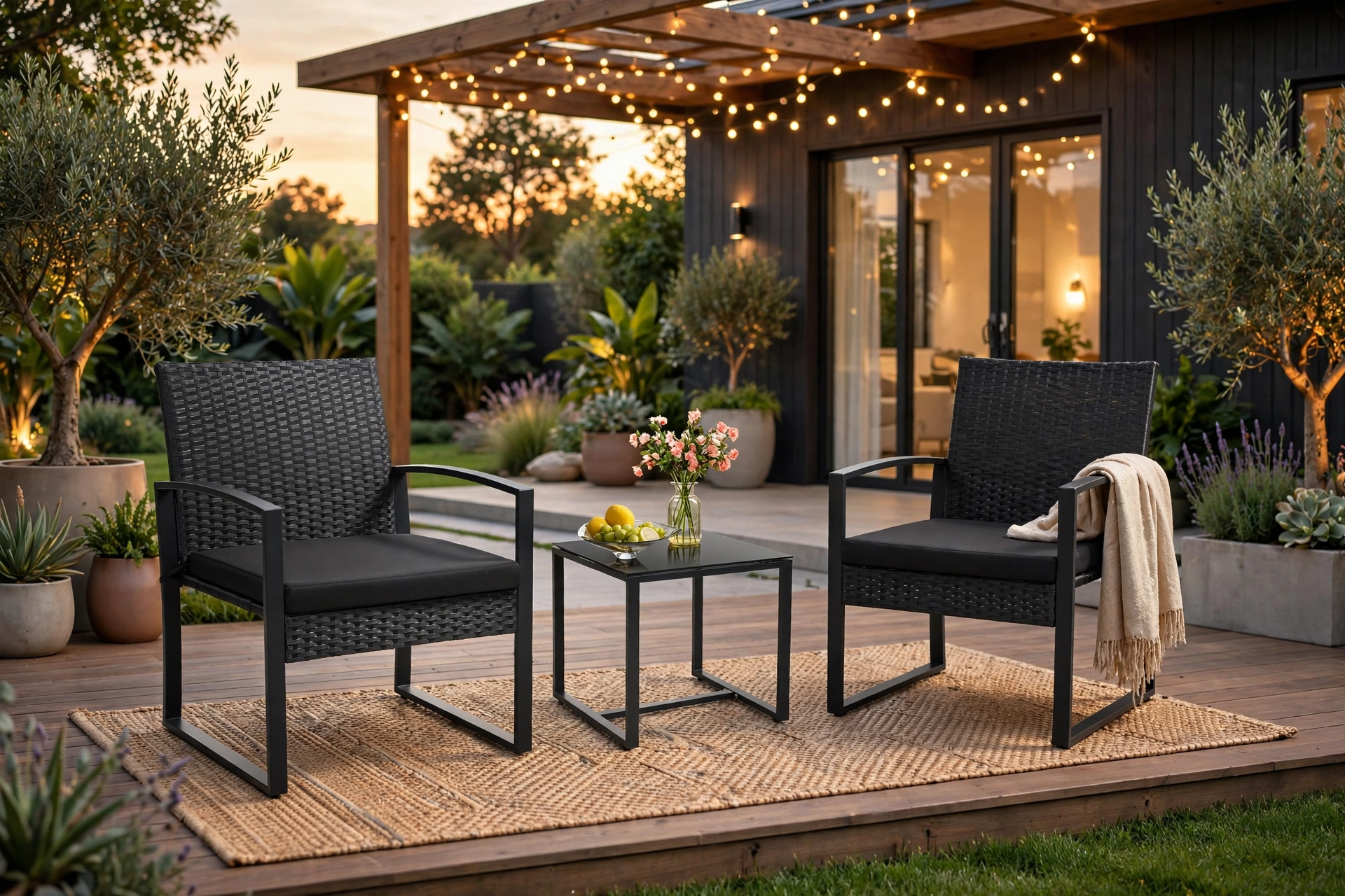 3pcs Rattan Bistro Set Outdoor Patio Furniture Conversation Set Featuring 2 Chairs And 1 Safety Glass Top Table, with Plush Cushions, on, Perfect for Your Backyard 12 A beautiful outdoor setup at golden hour showing a black rattan set with 2 Chairs And 1 Safety Glass Top Table on a wooden deck.