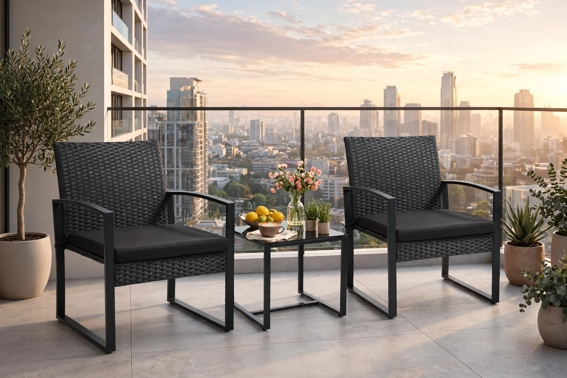 3pcs Rattan Bistro Set Outdoor Patio Furniture Conversation Set Featuring 2 Chairs And 1 Safety Glass Top Table, with Plush Cushions, on, Perfect for Your Backyard 11 A city balcony at sunrise featuring a modern black rattan patio set with 2 Chairs And 1 Safety Glass Top Table overlooking the skyline.
