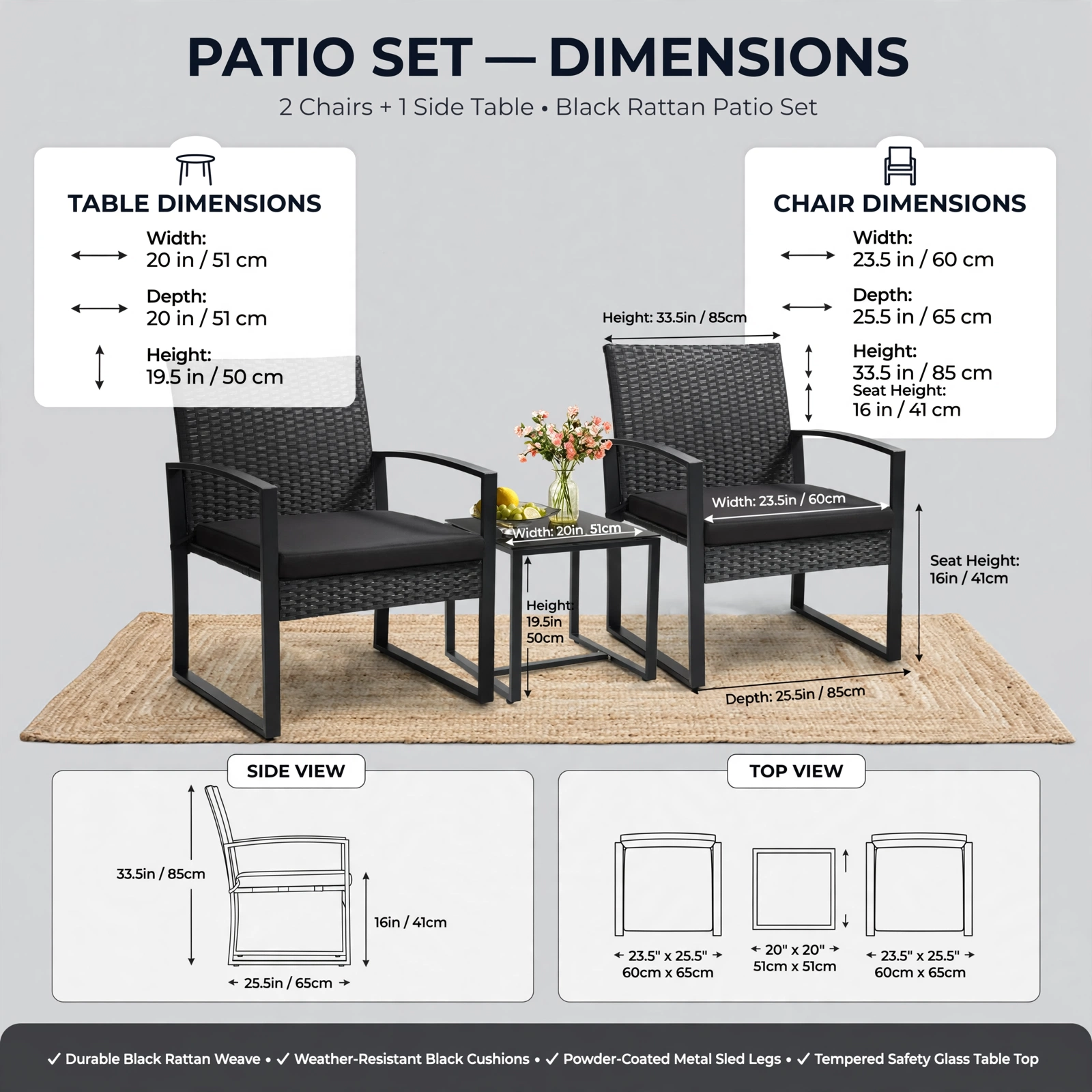 3pcs Rattan Bistro Set Outdoor Patio Furniture Conversation Set Featuring 2 Chairs And 1 Safety Glass Top Table, with Plush Cushions, on, Perfect for Your Backyard 16 A detailed dimension guide and measurement chart for the black rattan outdoor set featuring 2 Chairs And 1 Safety Glass Top Table.
