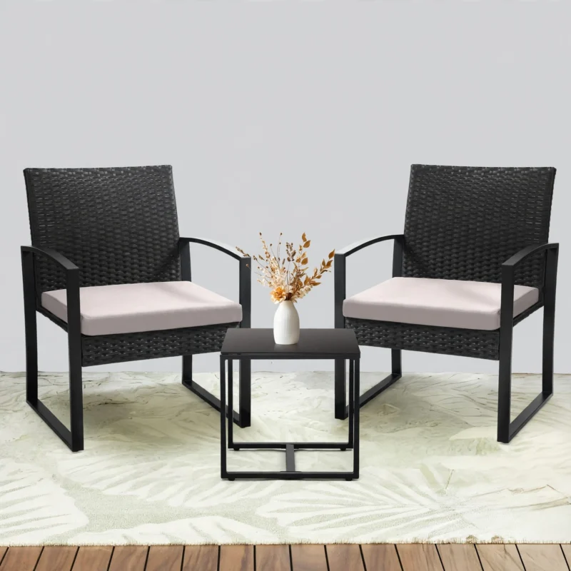 3pcs Rattan Bistro Set Outdoor Patio Furniture Conversation Set Featuring 2 Chairs And 1 Safety Glass Top Table, with Plush Cushions, on, Perfect for Your Backyard 4 A studio view of outdoor furniture featuring 2 Chairs And 1 Safety Glass Top Table with gray cushions.