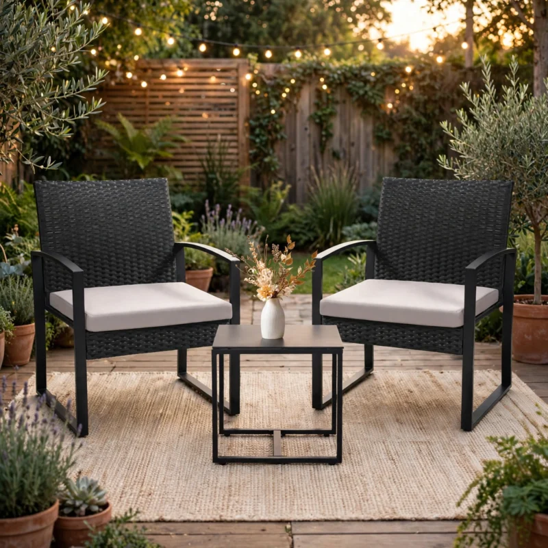 3pcs Rattan Bistro Set Outdoor Patio Furniture Conversation Set Featuring 2 Chairs And 1 Safety Glass Top Table, with Plush Cushions, on, Perfect for Your Backyard 6 A garden patio at sunset showing outdoor furniture with 2 Chairs And 1 Safety Glass Top Table and soft gray cushions under string lights.