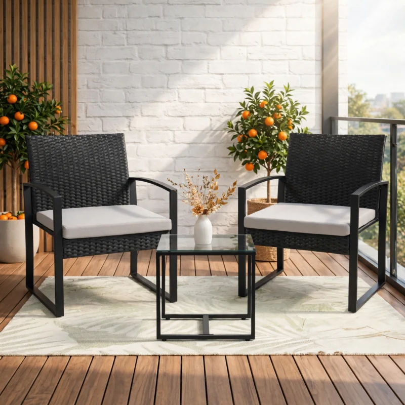 3pcs Rattan Bistro Set Outdoor Patio Furniture Conversation Set Featuring 2 Chairs And 1 Safety Glass Top Table, with Plush Cushions, on, Perfect for Your Backyard 5 A luxury balcony bathed in morning light with a black rattan set featuring 2 Chairs And 1 Safety Glass Top Table and gray cushions.