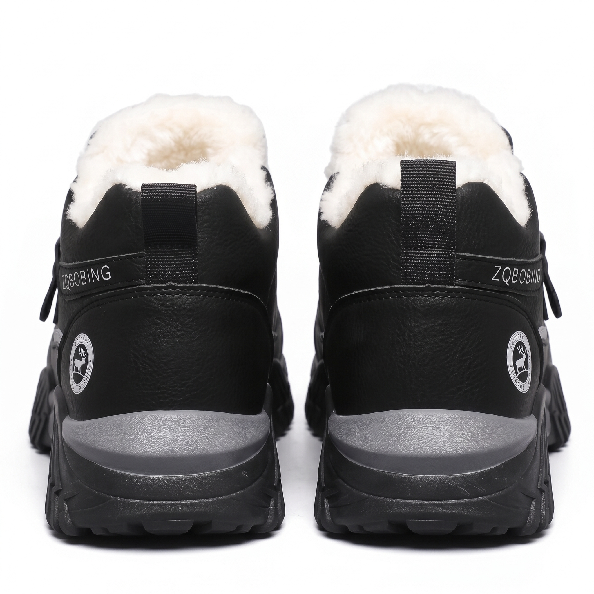 Winter Men'S Thermal Insulated Fleece-Lined Snow Boots - Comfortable, Breathable, And Stylish Hiking Shoes, Short Men'S Boots Suitable for Hiking, Hunting, Work Commuting, And Casual Wear, Winter Boots, Outdoor Footwear - Available in Black/Gray/Kha 6 A symmetrical studio shot looking at the direct back heels of a pair of black color Insulated Fleece-Lined Snow Boots on a plain white backdrop. The image details the dark woven pull tabs, plush overflowing white thermal fleece, horizontal heel straps labeled "ZQBOBING", and twin circular graphic deer emblems.