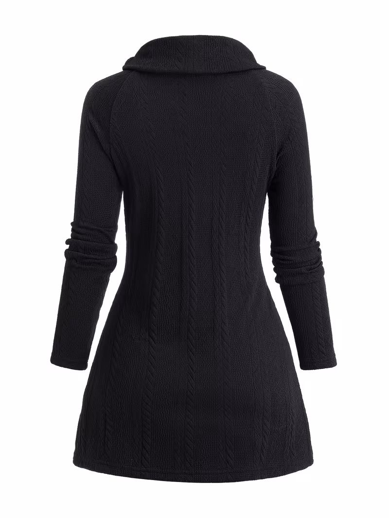 useful Sophisticated Decorative Buttoned Long Sleeve Top | Modern High Neck Knit for Business Casual 10 The back view of a slim-fit black textured top showcasing the vertical cable knit pattern and clean cowl collar design.