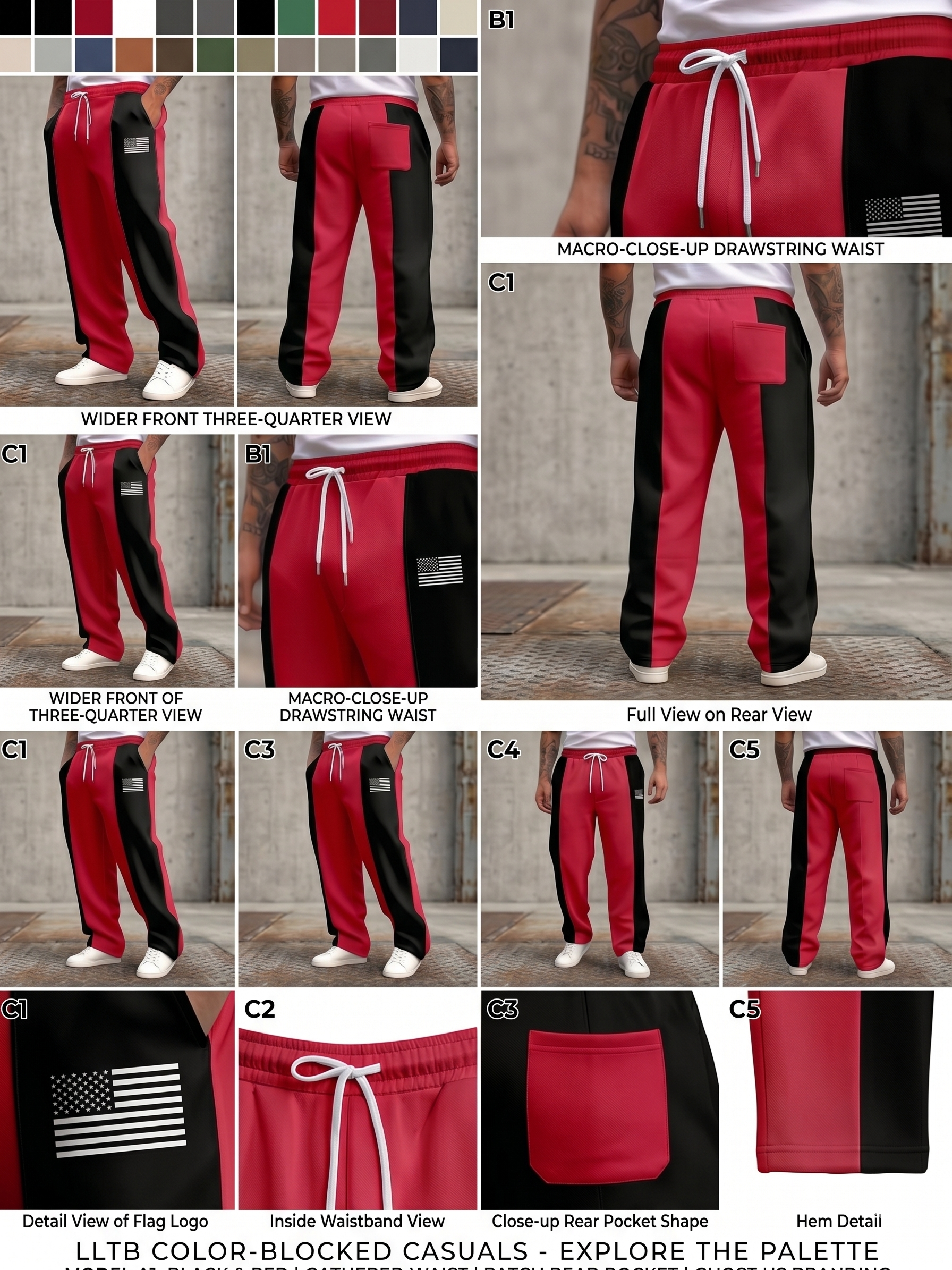 Men'S Color-Blocked Casual Pants Feature a Stylish Design with Comfortable And Structured Fabric. The Drawstring Waist Fits The Body Well, Making It Trendy And Eye-Catching. with a Loose Straight Cut 26 Product photography collage showcasing black red color Blocked Casual Pants Feature a Stylish drawstring waistband, color-blocked legs, and a detailed look at the side profiles, stitching, and athletic design.