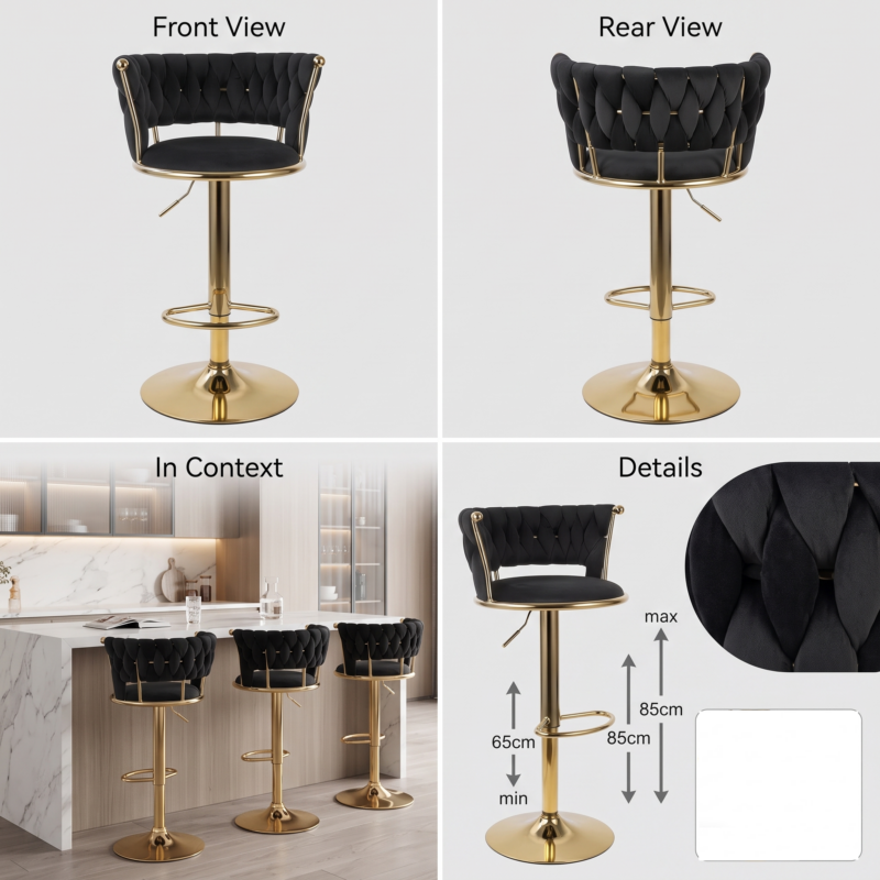 2pcs/4pcs Modern Swivel Woven Velvet Bar Stools, Stool, 360° Swivel Adjustable Height Bar Stool with Backs Golden Metal Tall Bar Stools Counter Height for Kitchen Island, for Christmas, Festival, New Year'S Gift 6 A 4-panel infographic diagram showing front, rear, and in-context kitchen island views of black color Swivel Woven Velvet Bar Stools alongside an explicit adjustable height chart between 65cm and 85cm.