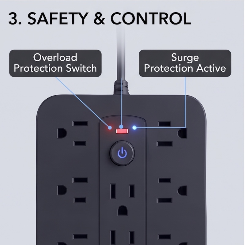 A Multifunctional Power Strip with Overload Protection, Featuring 14 AC Outlets, 4 USB Outputs, And 2 Type-C Outputs. Available in White Or Black, with Options for Short, 5FT, Or 10FT Extension Cords. It Includes Dual Side Sockets 42 A close-up of the central control panel on a black color Multifunctional Power Strip. Call-out graphics point to an "Overload Protection Switch" with a red indicator and a "Surge Protection Active" indicator light.