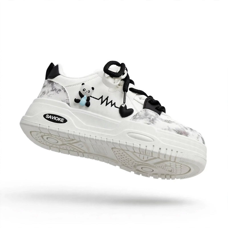 Women's White Platform Sneakers - Chunky Platform Shoes with Upper & PVC Sole, Lace-Up Mid-Top Casual Athletic Wear Suitable for Spring/Autumn, - Comfortable Footwear, Women Shoes 4 Studio product shot of a single black color Women's White Platform Sneakers floating against a clean white background.