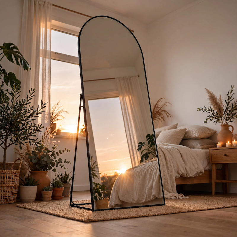 An Arched/Rect Full Length Mirror positioned in a cozy Scandinavian bedroom illuminated by warm golden hour sunlight.