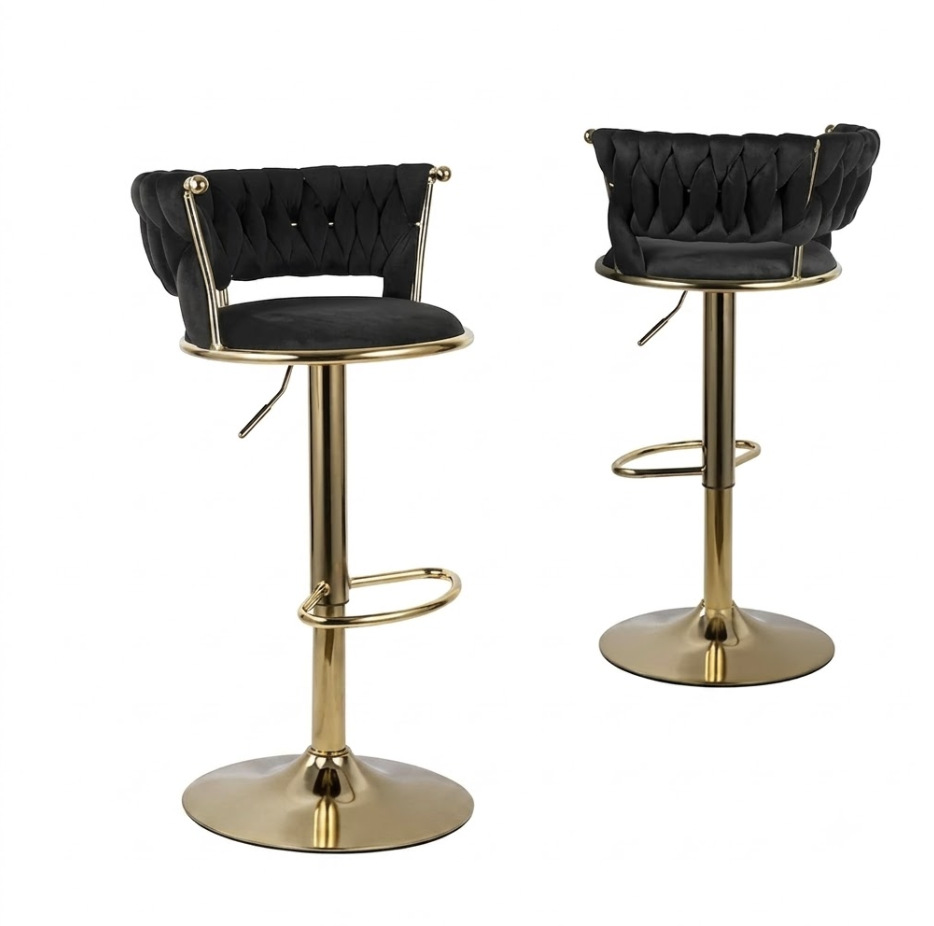 2pcs/4pcs Modern Swivel Woven Velvet Bar Stools, Stool, 360° Swivel Adjustable Height Bar Stool with Backs Golden Metal Tall Bar Stools Counter Height for Kitchen Island, for Christmas, Festival, New Year'S Gift 7 A premium black color set of 2 Swivel Woven Velvet Bar Stools showing both a three-quarters front view and a rear view on adjustable gold pedestal bases against a solid white backdrop.