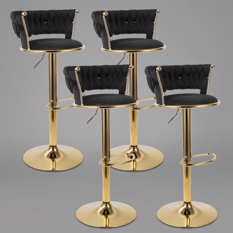 2pcs/4pcs Modern Swivel Woven Velvet Bar Stools, Stool, 360° Swivel Adjustable Height Bar Stool with Backs Golden Metal Tall Bar Stools Counter Height for Kitchen Island, for Christmas, Festival, New Year'S Gift 8 A matching black color set of 4 Swivel Woven Velvet Bar Stools arranged symmetrically on a clean grey background to display the woven texture and polished gold base frames.