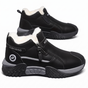 A high-quality studio shot displaying a primary black color Insulated Fleece-Lined Snow Boot in the foreground showing its complete side profile, with a secondary matching boot positioned slightly behind for depth. The design highlights the side metal zipper, grey midsole pods, and a circular deer emblem on a white background.