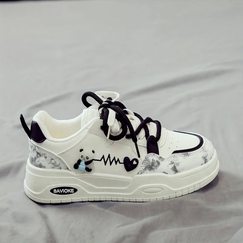 Women's White Platform Sneakers - Chunky Platform Shoes with Upper & PVC Sole, Lace-Up Mid-Top Casual Athletic Wear Suitable for Spring/Autumn, - Comfortable Footwear, Women Shoes 5 Close-up product view of one black color Women's White Platform Sneakers resting on a grey textured surface.