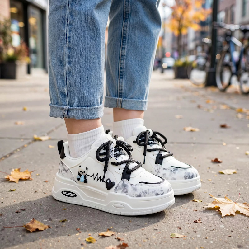 Women's White Platform Sneakers - Chunky Platform Shoes with Upper & PVC Sole, Lace-Up Mid-Top Casual Athletic Wear Suitable for Spring/Autumn, - Comfortable Footwear, Women Shoes 6 Street style shot of a person wearing blue jeans and black color Women's White Platform Sneakers walking on a city sidewalk.