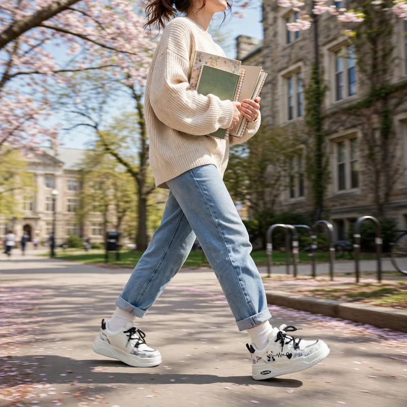 Women's White Platform Sneakers - Chunky Platform Shoes with Upper & PVC Sole, Lace-Up Mid-Top Casual Athletic Wear Suitable for Spring/Autumn, - Comfortable Footwear, Women Shoes 21 A student walking down a college campus path wearing a cream sweater, jeans, and black color Women's White Platform Sneakers.