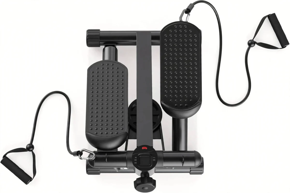 Mini Exercise Stepper with Resistance Bands - Compact Stair Stepper Machine for Home Use, Twist Motion Full Body Workout, 300LBS Capacity Portable Fitness Equipment 7 Overhead top view of the black color Exercise Stepper with Resistance Bands showing the pedal placement.