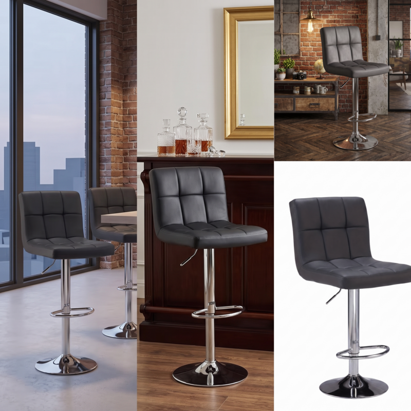 Set Of 2/4 Bar Stools Luxurious PU Leather, Swivel & Adjustable, Armless Kitchen Counter Stools with Thickened Cushion & Back Support, Hydraulic Island Barstools, Black 6 A composite multi-photo collage showcasing the black color 4 bar stools luxurious PU leather across various interior styles, including a modern high-rise apartment, a rich wooden home bar, a rustic brick loft, and a plain white background.