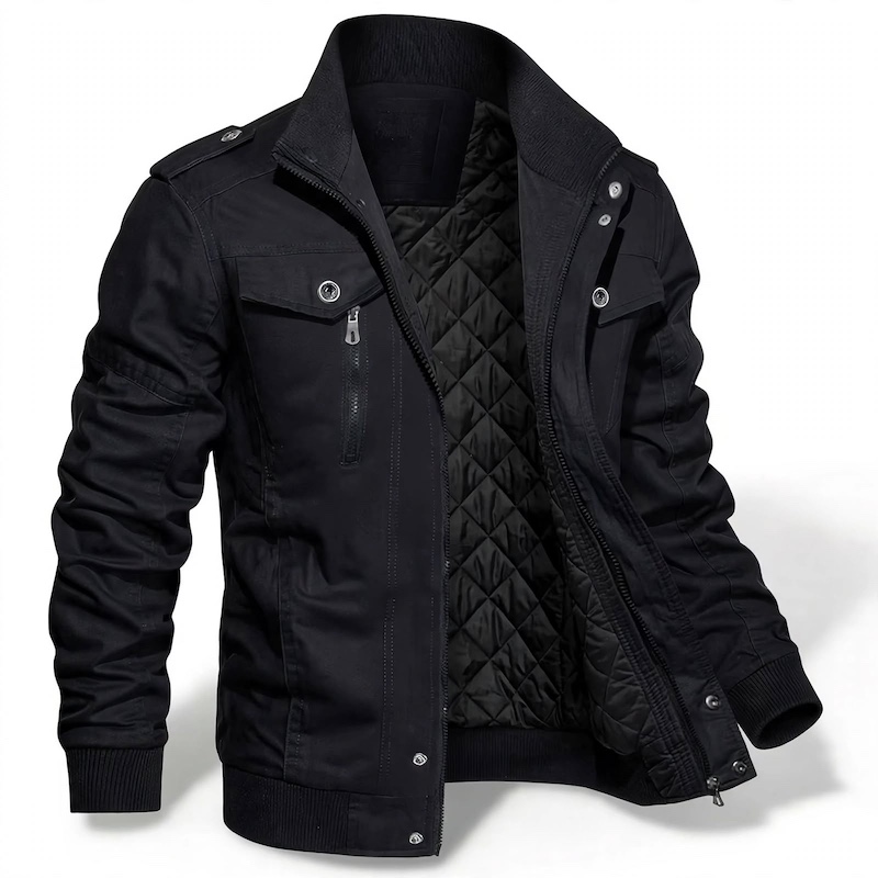 Men's Tactical Jacket Practical Men's Tactical Jacket | Multiple Pockets, Workwear Style Coat 4 Angled studio view of an open black color Men's Tactical Jacket Practical showing its quilted inner lining.