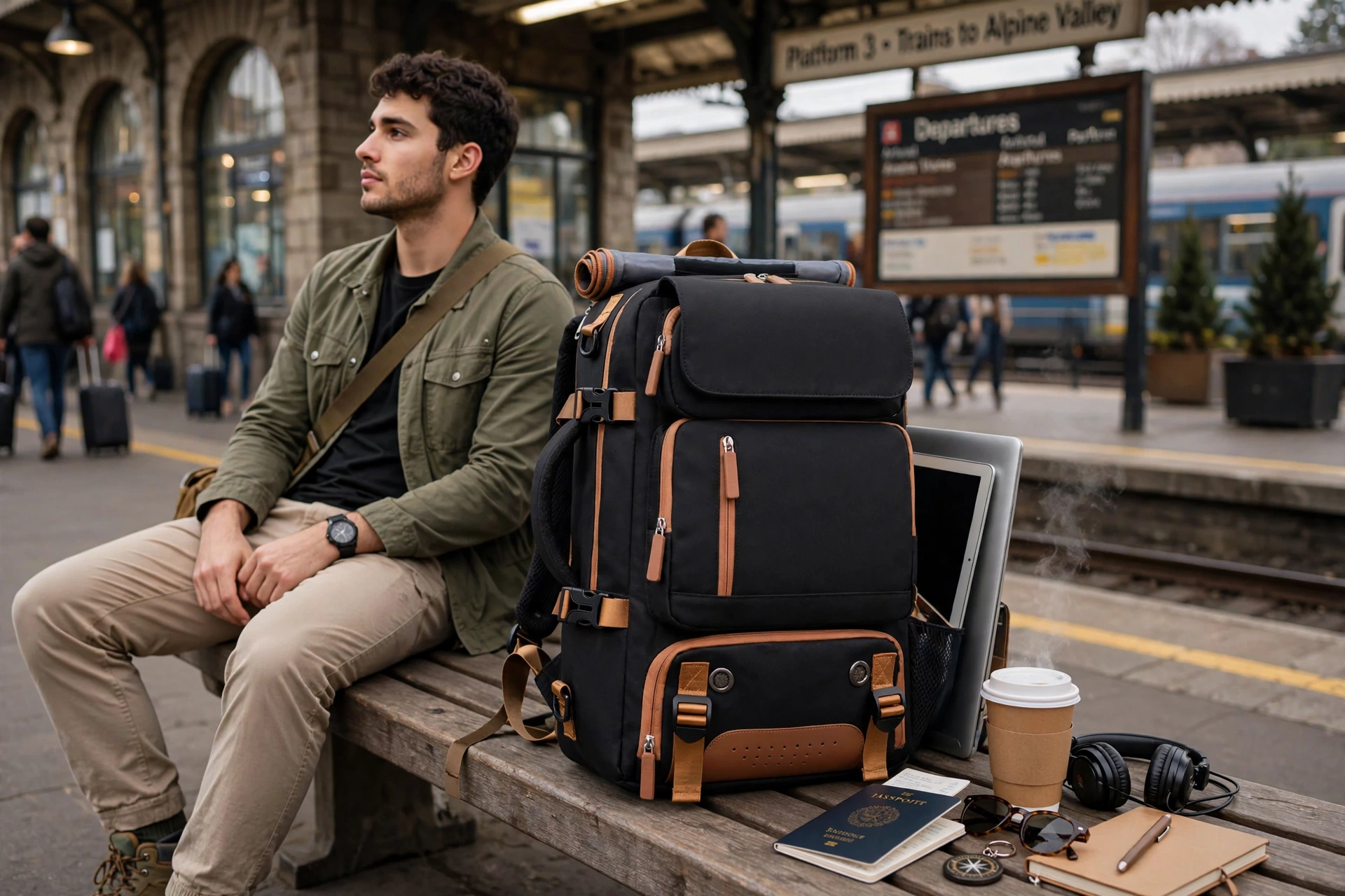 A Versatile Large-Capacity Backpack for Students, Suitable for Short Trips, Laptops, And Various Uses, Including Dual Shoulder Straps And a Convenient Carry Option 6 A traveler sitting on a wooden bench at a train station next to a black color Versatile Large-Capacity Backpack for Students and travel accessories.