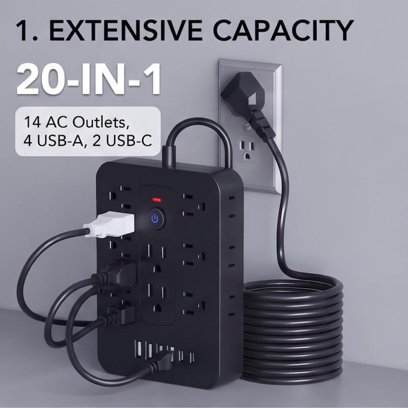 A Multifunctional Power Strip with Overload Protection, Featuring 14 AC Outlets, 4 USB Outputs, And 2 Type-C Outputs. Available in White Or Black, with Options for Short, 5FT, Or 10FT Extension Cords. It Includes Dual Side Sockets 40 mrali black tutorial Multifunctional Power Strip