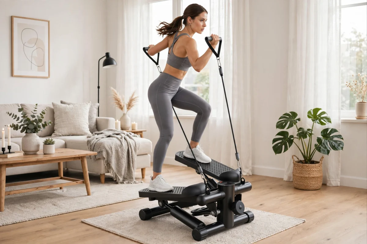 Mini Exercise Stepper with Resistance Bands - Compact Stair Stepper Machine for Home Use, Twist Motion Full Body Workout, 300LBS Capacity Portable Fitness Equipment 8 A woman working out at home using the black color Exercise Stepper with Resistance Bands.