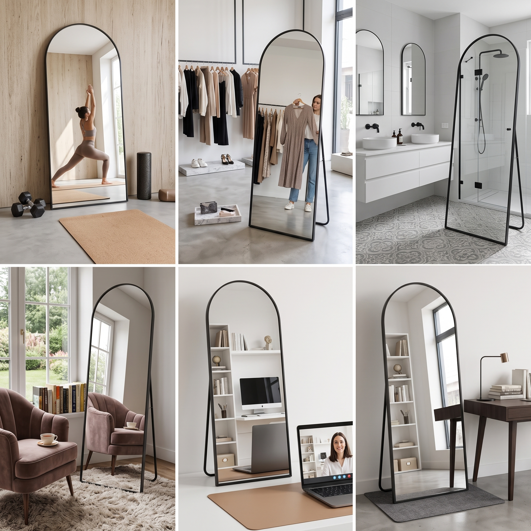 Arched Full Length Mirror with Free Standing & Leaning/Hanging Mount - Tall Vertical Oval Arch Design, Full-Body Mirror Suitable for Living Room, Bedroom, Cloakroom - Modern Simple Aluminum Frame Vertical Mirror 4 Six panel grid displaying a black color Arched Full Length Mirror with Free Standing in a yoga room, dressing closet, bathroom, lounge, home office, and study