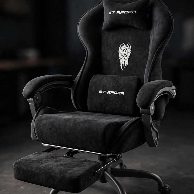 comfortable STRACER Velvet Upholstered Gaming Chair Featuring a Footrest, High Back Design, Ergonomic Support for Gamers, Includes Headrest And Massage Lumbar Pillow, Racing Style Reclining Video Game Chair 6 A close-up macro shot highlighting the soft velvet fabric, embroidered headrest, and ergonomic armrests of the black color Velvet Upholstered Gaming Chair.