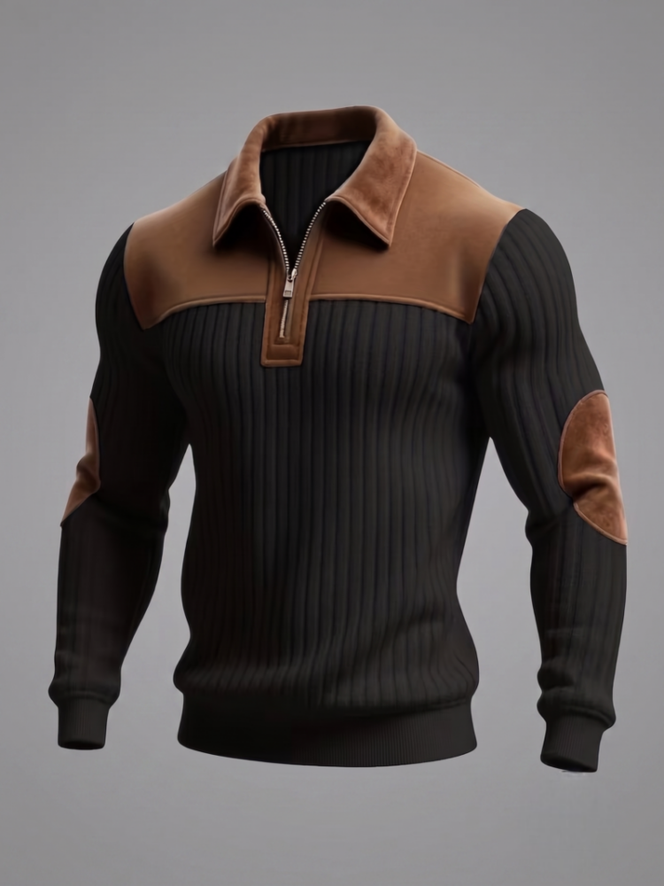 Angled studio product shot of a black color casual stand collar pullover featuring a brown suede chest panel and a half zipper collar layout.