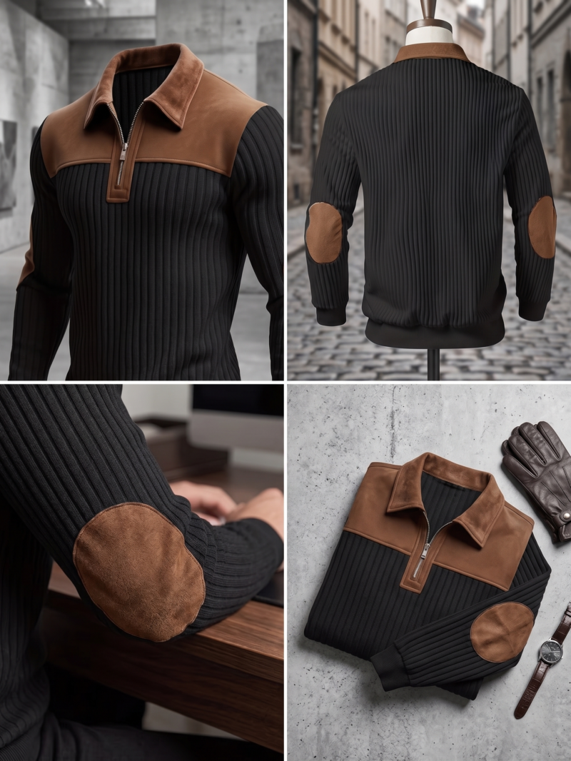 Men's Color-Block Design Casual Stand Collar Pullover - Ribbed Color-Block Patchwork, Thick and Warm Pullover, Stand Collar with Zipper Design, Suitable for Daily Casual Fashion, Simple and Versatile for Outings and Commuting, Long-Sleeve Pullover 6 Four panel grid showing a black color casual stand collar pullover from the front, back, a close up of the elbow patch at a desk, and neatly folded next to leather gloves.