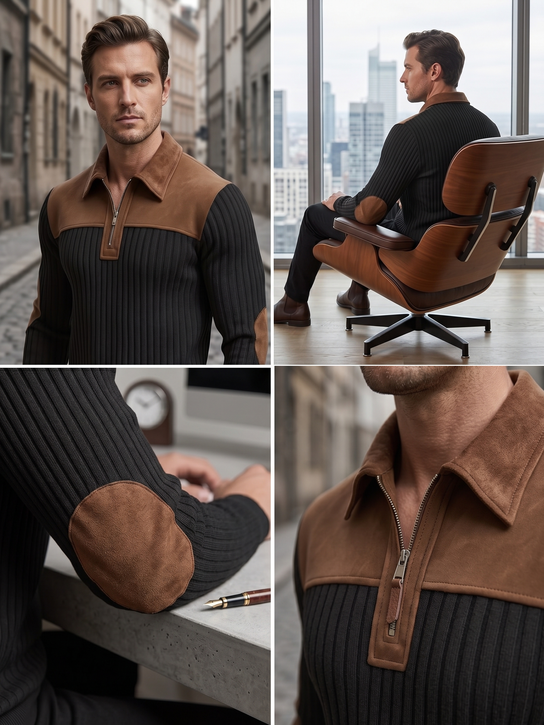 Men's Color-Block Design Casual Stand Collar Pullover - Ribbed Color-Block Patchwork, Thick and Warm Pullover, Stand Collar with Zipper Design, Suitable for Daily Casual Fashion, Simple and Versatile for Outings and Commuting, Long-Sleeve Pullover 15 Four image lifestyle collage featuring a male model wearing a black color casual stand collar pullover in urban settings, sitting in an office chair, and close ups of the zipper.